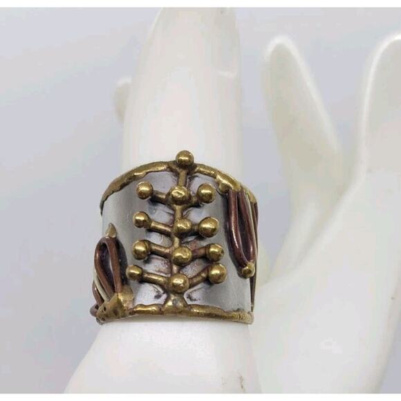 Mixed Metal Ring Brutalist MCM Chunky Cuff Adjustable 3D Biker Large Size Artist - Picture 5 of 14